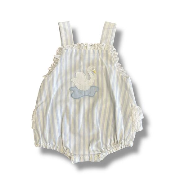 Vintage Simi Baby 3M Romper Blue White Stripe Swan Appliqué Ruffle Back - Picture 1 of 8